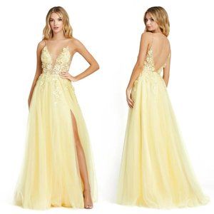 Mac Duggal Pale Yellow Floral Applique Tulle Evening Gown